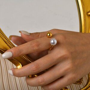 3/$35 Trendy 18K Gold Plated Tone Open Pearl & Ball Bypass Ring Adjustable Size
